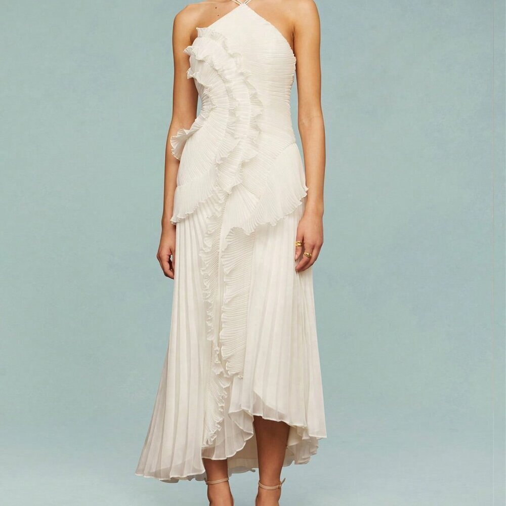 Beige Elegant Women's Ruffle Hem Sleeveless Halter Neck Long Maxi Dress - Picture 3 of 6